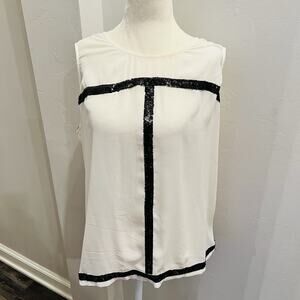 Alfani Womens Size 16 Sleeveless Black sequin detail Blouse Flared Hem White